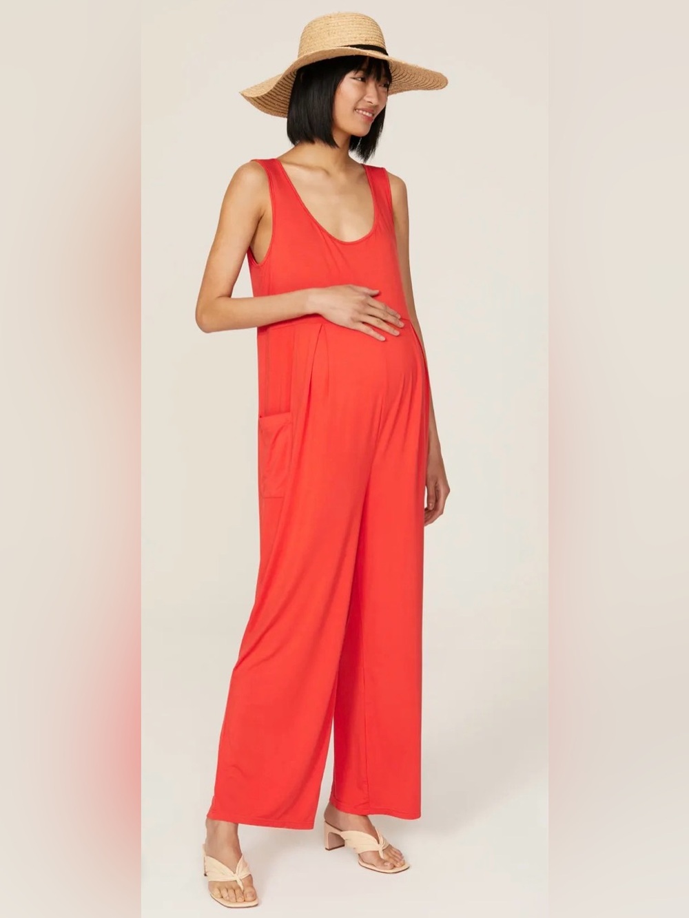 Emilia George Maternity Jumpsuit Large Red Sleeveless Wide Leg Pockets